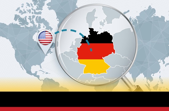 A map graphic featuring the flags of the United States and Germany, which is shown under a magnifying glass 